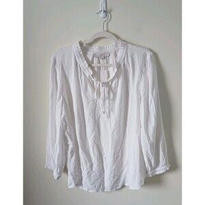 Ann Taylor Loft Boho Peasant White Blouse Tie Neck Long Sleeve Size L